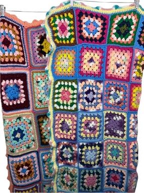 Lot of 2 Handmade Granny Square Crochet Multi-Colored Afghan Throw Blankets